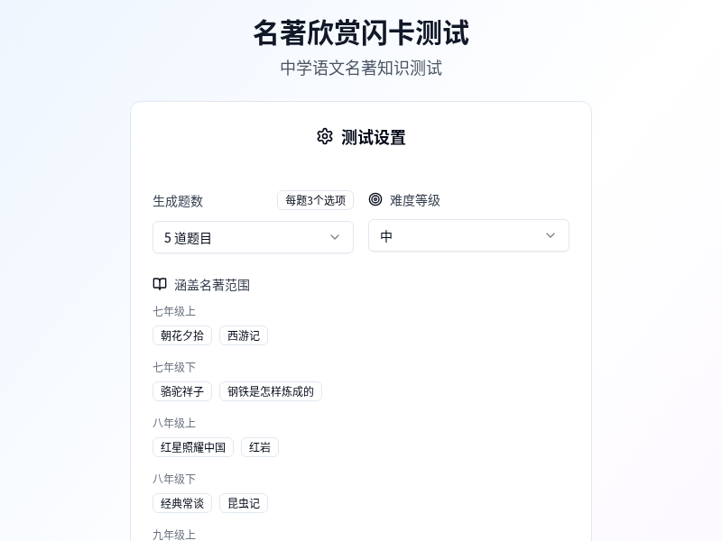 名著欣赏闪卡单选测试题应用
