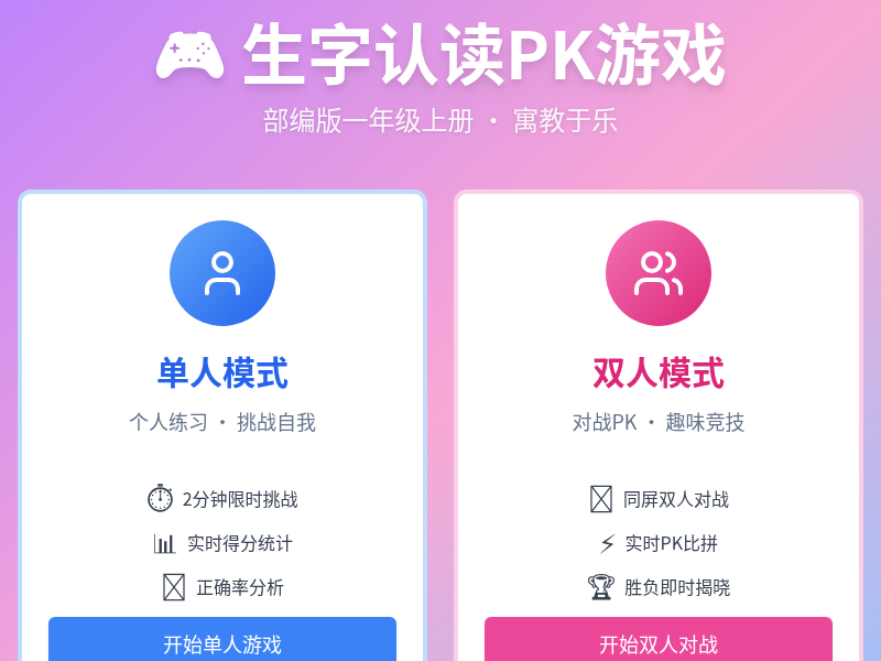 黄甜老师★生字认读PK游戏（部编版一年级上册）